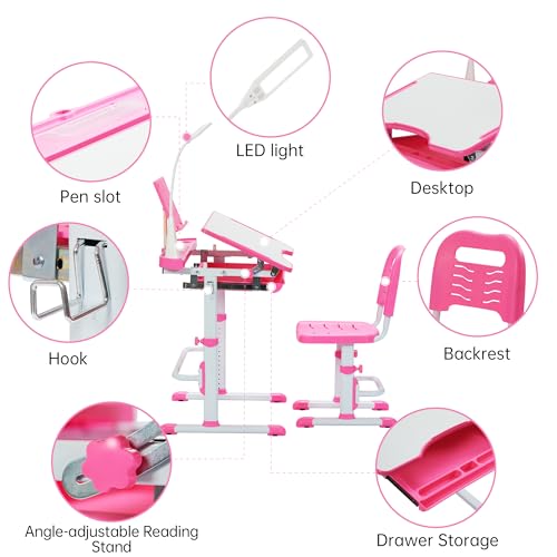 Kids Desk and Chair Set with Tilt Desktop LED Light Pink - Children’s Multi-Function School Furniture