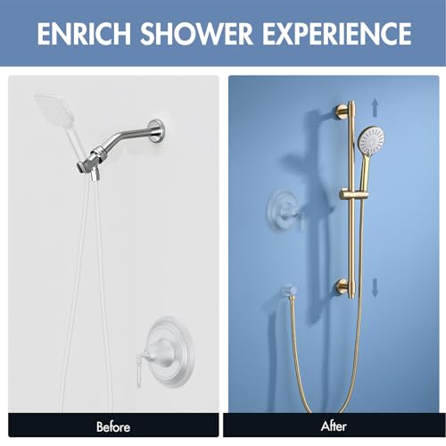 Adjustable 30-Inch Shower Slide Bar Set with 5-Function Handheld Shower Head - Brushed Gold, Drill Mounted