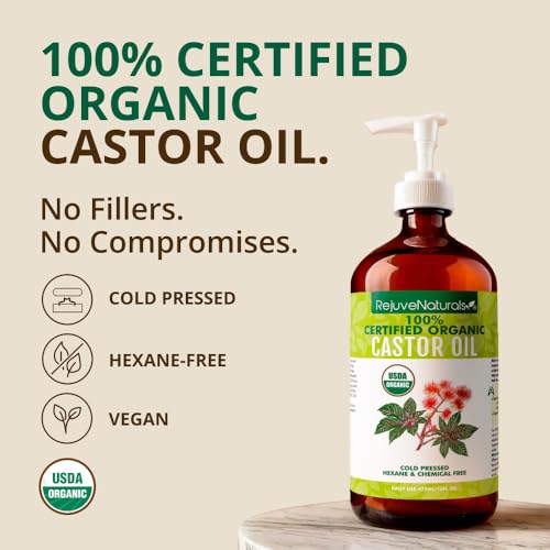 RejuveNaturals Organic Castor Oil 16oz Glass Bottle - Unscented, USDA Certified, Cold Pressed Hair & Skin Growth Remedy