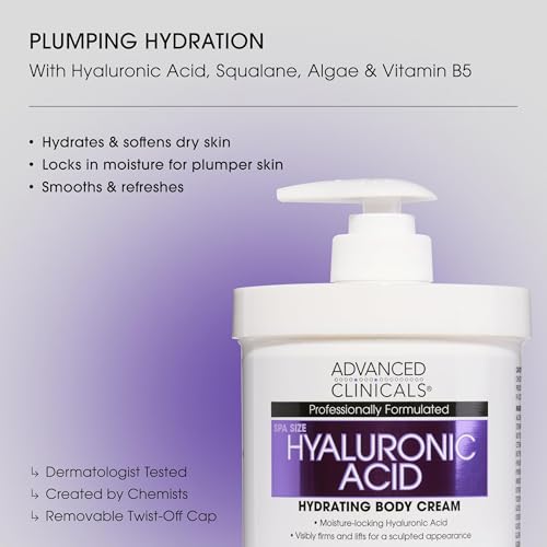 Hyaluronic Acid Body Moisturizer with Vitamin E - Hydrating Cream for Dry Skin, Wrinkles, Crepey Skin, 16Oz 2-Pack