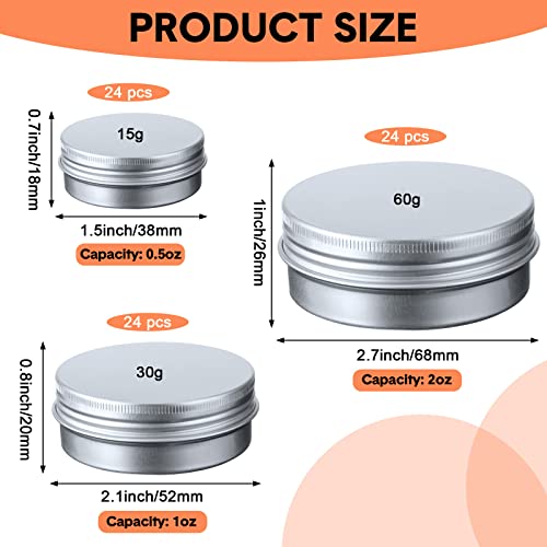 Set of 72 Small Metal Tin Containers with Screw Lids - 3 Sizes for Cosmetics, Spices, Salves