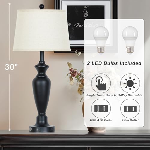 30-Inch Tall Set of 2 Black Touch Control Bedside Lamps with USB Ports & Outlets