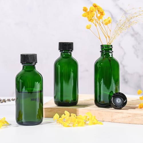 Small Glass Bottles with Lids Boston Round Shot Bottles for Health, Immunity, Ginger Juice, Essential Oils, Potion - Leak Proof Mini Travel Containers (Green UV, 2oz-48Pack)