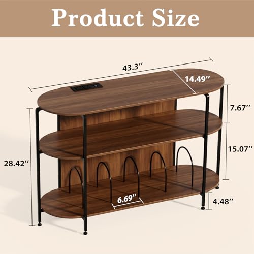 Vinyl Record Player Stand with Power Outlets - 28.3 Inch Walnut Mid Century Console with 3 Tiers