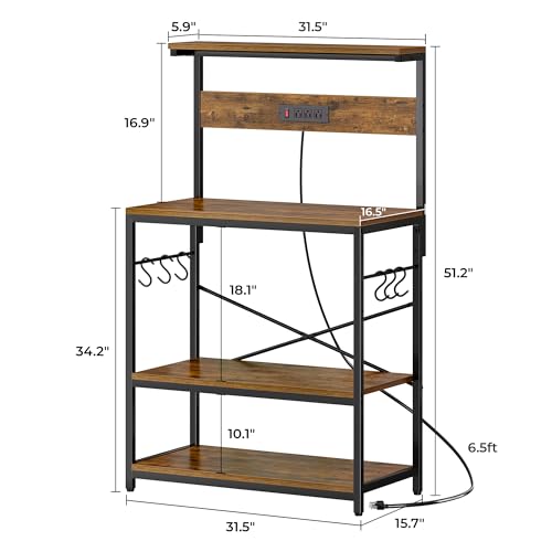 SUPERJARE 31.5 Inch Bakers Rack with Outlets & Microwave Stand, Rustic Brown with Adjustable Middle Shelf