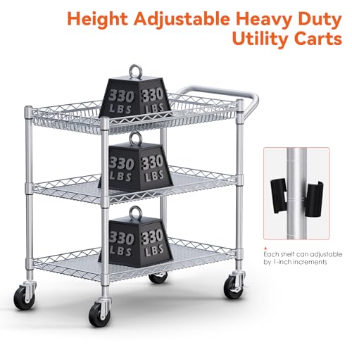 Heavy Duty Rolling Utility Cart with 3 Shelves - Silver, 990 Lbs Capacity