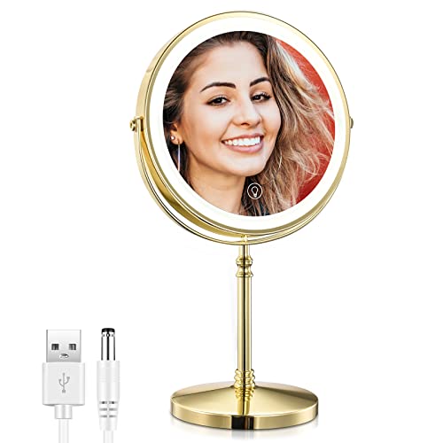 Rechargeable Lighted Makeup Mirror 8 Inch Dual-Sided 1X/10X Magnification with LED Lights