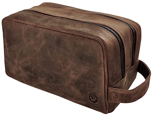 Leather Travel Toiletry Bag for Men Dark Brown Full-Grain Buffalo Leather Dopp Kit