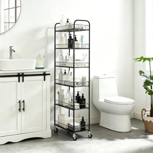 10in Black 6-Tier Slim Rolling Storage Cart with Metal Wheels - Space Saver