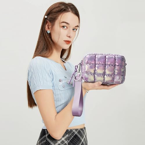 Quilted Cosmetic Bag with Crossbody Strap - Dazzling Light Purple, Travel Toiletry Organizer