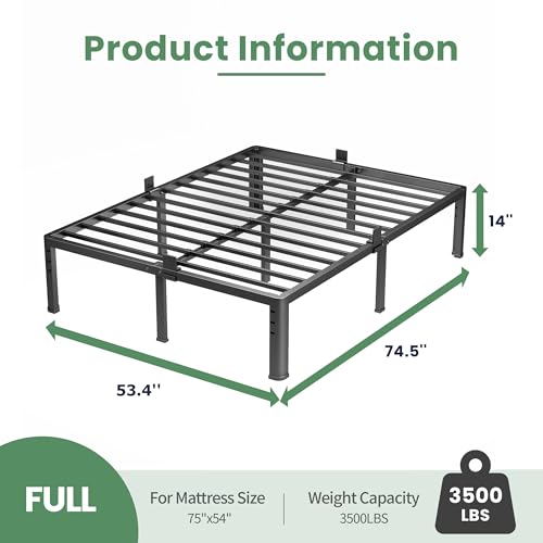 NKZ 14 Inch Full Size Metal Platform Bed Frame with Rounded Corner Legs, Heavy Duty Steel, Under Bed Storage