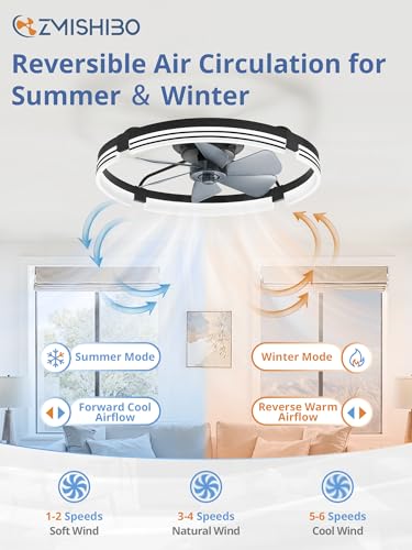ZMISHIBO 24-Inch Black Low Profile Ceiling Fan with Lights & Remote
