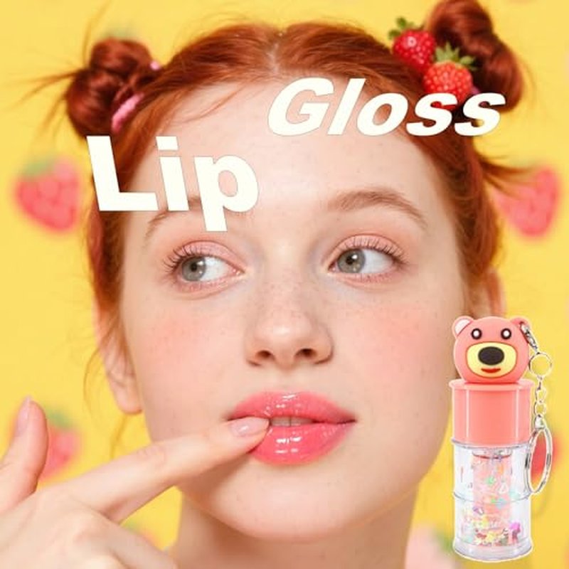 6 Pcs Hydrating Lip Gloss Set, Shimmer Glossy Moisturizing Lip Jelly Sequins and Sparkles Lip Make-Up for Women Party Gift Cute Bear Keychain Design