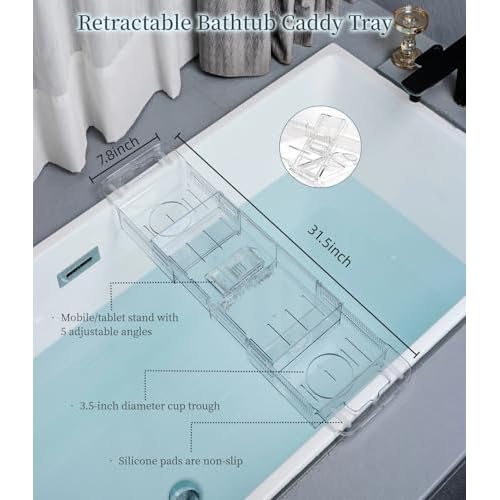 Bathtub Caddy Tray,Adjustable Bathtub Tray Table, Bath Organizer for Relaxing Spa-Features 2 Cup Holders, A Phone Stand with 5 Angle Adjustments,Non-Slip Silicone Pads,Won't Get Moldy,Easy to Clean.