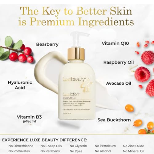 LUXELOTION Non-Greasy Moisturizer for Face, Neck & Hands ? Coconut Scented Lotion, Anti-Aging, Hyaluronic Acid Body Lotion - Hyaluronic Acid for Body with Organic & Plant Based Ingredients