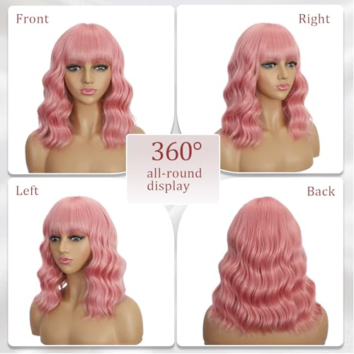 Mxayhnajxl Pink Wigs with Bangs for Women, 14 Inch Short Wavy Bob Cosplay & Party Wig