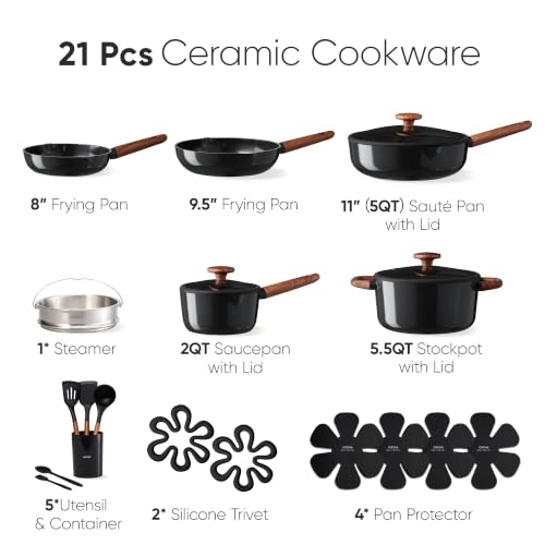 Ceramic Cookware Set - 21 Pieces with Non-Stick Coating & Glass Lids - Black