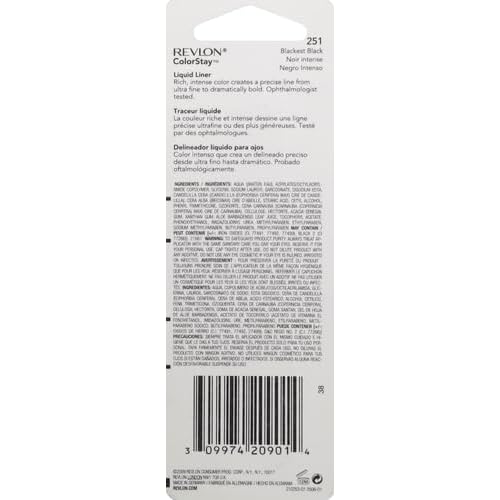 Revlon Liquid Eyeliner, ColorStay Eye Makeup, Waterproof, Smudgeproof, Longwearing with Ultra-Fine Tip, 251 Blackest Black, 0.08 Fl Oz (Pack of 1)