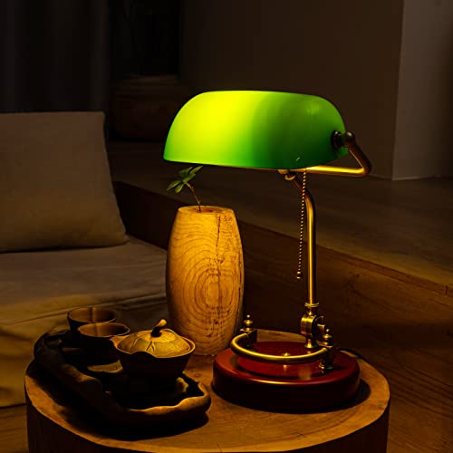 Green Banker Desk Lamp with Solid Birch Wood Base and Pull Chain Switch - Traditional Glass