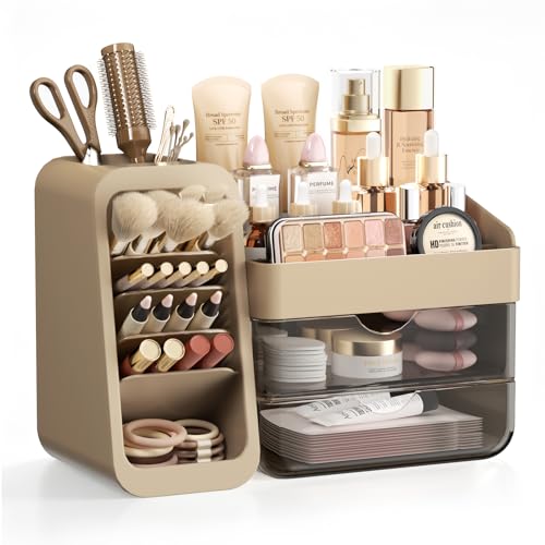 Jywantful Light Mocha Brown Makeup Organizer with Adjustable Brush Holders & Clear Drawers