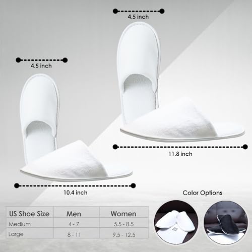 Modlux Spa Slippers, 12 Pairs Cotton Velvet Closed Toe Disposable Slippers for Guests, Bathroom, Bedroom, Hotel, House, Bride, Travel and Shoeless Home (6 Large 6 Medium) White