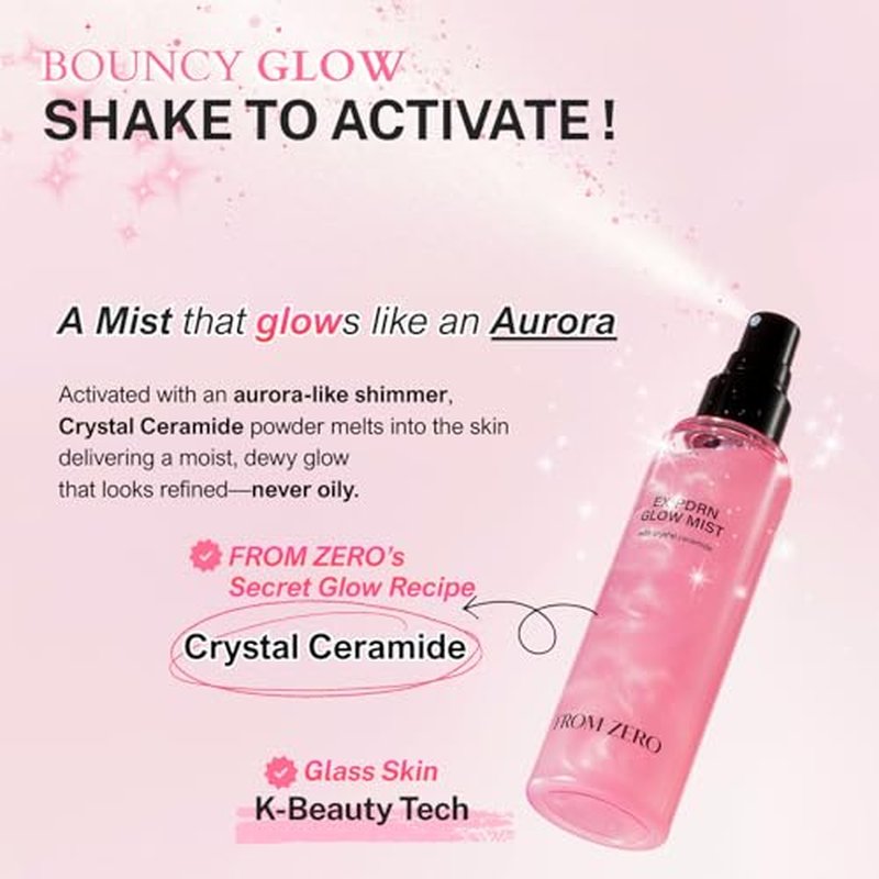 FROM ZERO EX-PDRN Glow Mist, Pink Ceramide Toner Spray, Rose Scent, Light-weight Hydration, Moisturizing, Broccoli PDRN, Jinseng Exosomes, Vegan Collagen, Niacinamide, Gift for Girlfriend, 3.38 fl.oz.