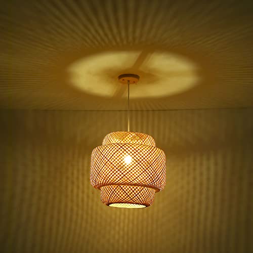 Bamboo Pendant Light - Large 16 Inch Woven Rattan Chandelier for Kitchen & Dining - Natural Boho Basket Style - Variation: Lantern