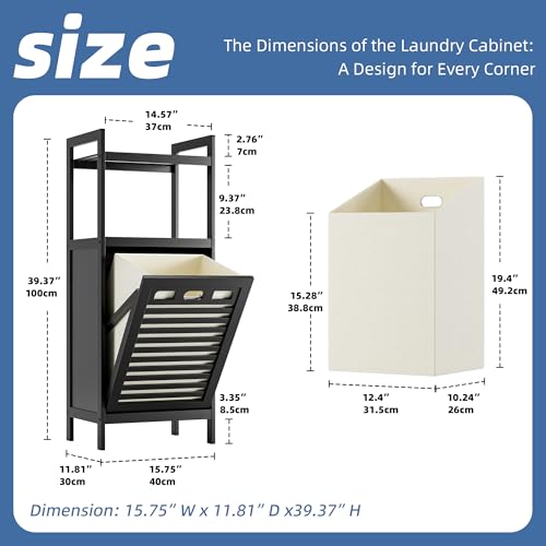 Tilt Out Laundry Hamper Cabinet - Bamboo Bathroom Storage with Removable Bag & Shelves - Black