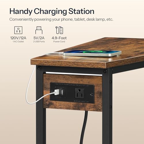 Wedge End Table with Charging Station - Rustic Brown & Black, Industrial Style