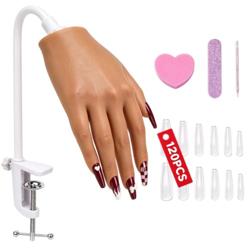 Silicone Nail Practice Hand with Clamp Stand Brown | Manicure Training Model for Beginners & Pros