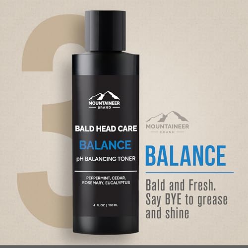 Mountaineer Brand Bald Head Care Gifts For Bald Men | All Natural 4 Step Daily Skin Care for Healthy Scalp & Face | Exfoliate Scrub | Cleanse Wash | Shine Away PH Balance | Protect Moisturizing Balm