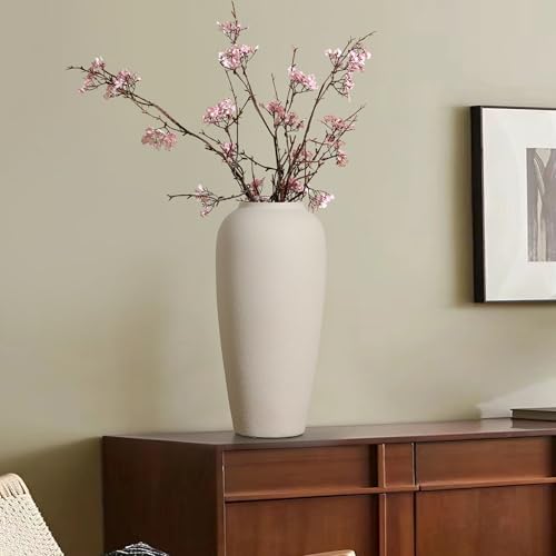 Cream White Tall Ceramic Floor Vase - 14.9 Inch Large Clay Flower Display