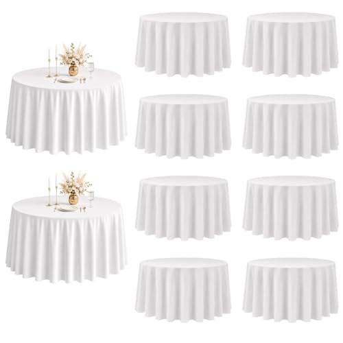 White Round Tablecloth 120 Inch, 10 Pack Washable Polyester Cover for Dining & Events - Variation of White / 10 Pack