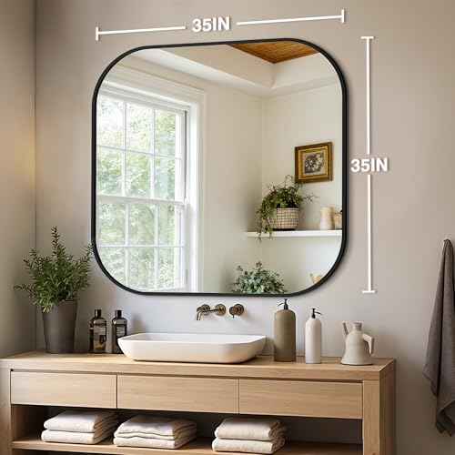 Matte Black 35x35 Inch Wall Bathroom Vanity Mirror - No Distortion