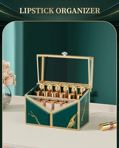 CoralHouse Green Glass Lipstick Organizer with Lid - 18 Slots Vanity Storage