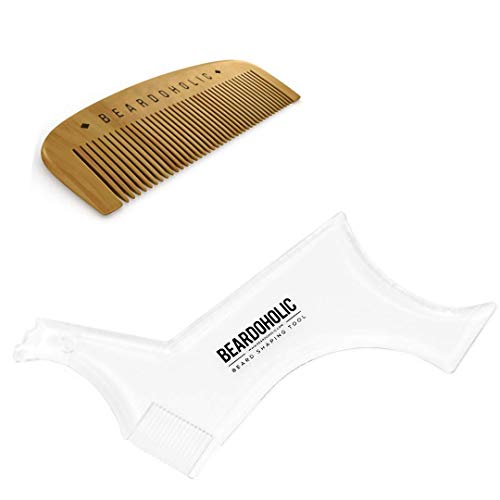 Beardoholic Beard Comb and Shaping Tool Set ? 100% Pearwood ? Anti-Static, Eliminates Tangles, Ingrown Hairs, Dandruff ? Achieve Perfectly Precise Lines and Any Beard Shape ? Style Beard With Ease