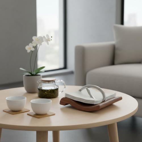 Nambe Breeze Napkin Holder - Modern Acacia Wood & Stainless Steel Tabletop Organizer