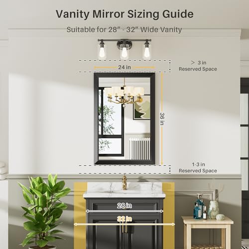 Black Metal Framed Bathroom Wall Mirror 24x36 Inch - Modern Vanity Mirror with Beveled Glass