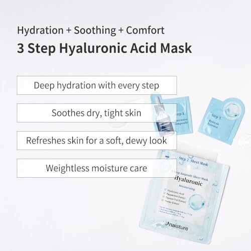 Naisture 3 Step Ampoule Hydrating Sheet Mask Set for Skin Elasticity, Smoothing, and Moisture. Korean Skincare Kit with Ampoule, Mask, and Essence (5 pcs) (Hyaluronic Acid)