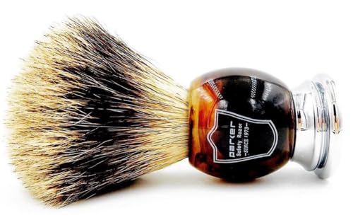 Parker Safety Razor Faux Horn 3-Band Pure Badger Shaving Brush + Stand, 22mm Knot