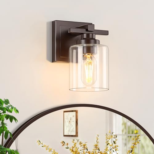 Oil Rubbed Bronze Bathroom Vanity Light with Clear Glass Shade, 1-Light, E26 Socket Over Mirror