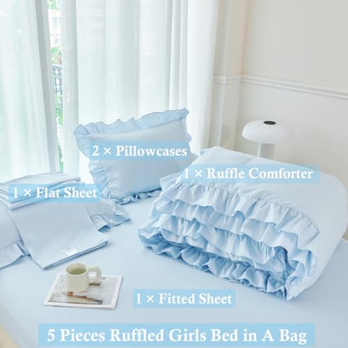 ANGIYUIN Light Blue Queen Comforter Set 5Pcs Ruffle Bedding Vintage Farmhouse Bed in a Bag for Girls Women