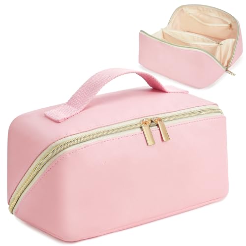 for Christmas Day Gifts, Makeup Bag for Women, PU Leather Travel Toiletry Bags, Initial Make Up Cosmetic Pouch for Teen Girls, Wide Open Portable Skincare Bag, Personalized Birthday Gifts, Pink