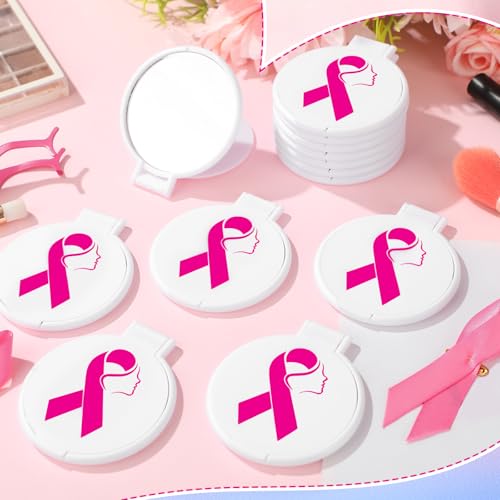 Huwena 100 Pcs Breast Cancer Awareness Accessories Gift Bulk White Pink Ribbon Breast Cancer Compact Mirror for Women Small Pocket Purse Round Portable Folding Makeup Mirror