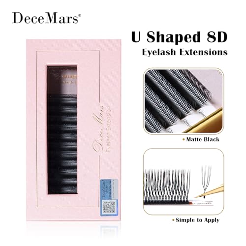 DeceMars 8D U Shaped Eyelash Extensions Easy Fans Double Tips 4D Russian Volume Crisscross Eyelashes Natural Soft YY Lash Extensions Handwoven Mesh Wispy Clusters Matte Black-0.07mm-D-8-15mm Mix