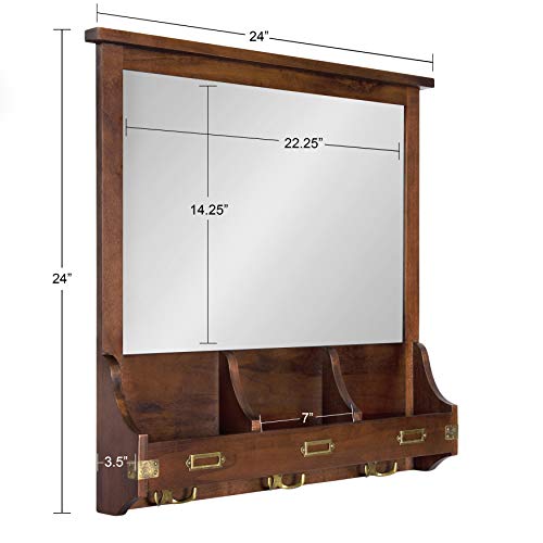 Kate and Laurel Stallard Wall Organizer Mirror with Pockets & Hooks 24L Walnut