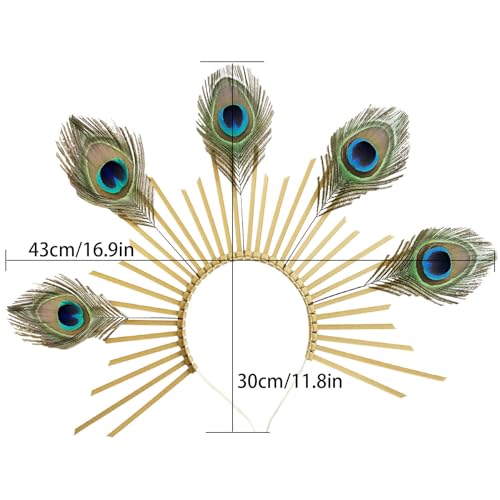 Peacock Feather Gold Halo Crown Headband with Earrings - Bridal Festival Cosplay