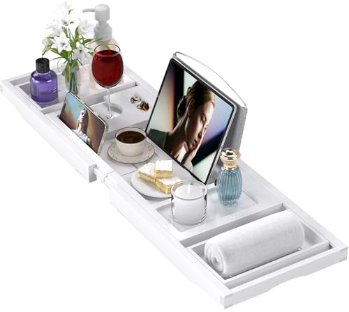 White Expandable Bathtub Tray Caddy for Tub - Adjustable Bath Accessory