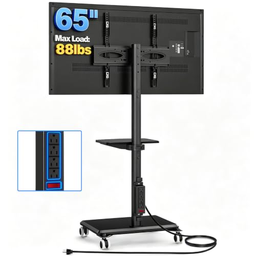 Rfiver Black Rolling TV Stand for 32-65 Inch TVs with Power Outlet & Swivel