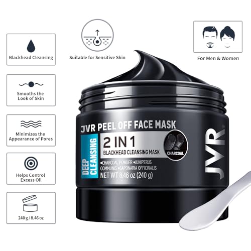 JVR Peel Off Face Mask, Charcoal Peel Off Black Mask, Facial Mask for Surface Cleansing For Men & Women, All Skin Types, 8.46 oz (240 g)